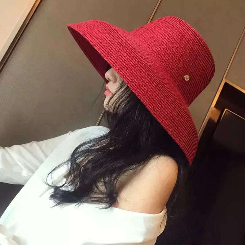 Summer Wide Brim Beach Sun Hat Big Floppy Women Hat Red Black White Red UV Sun Block Straw Hat Foldable Travel Derby Hat - KIMLUD