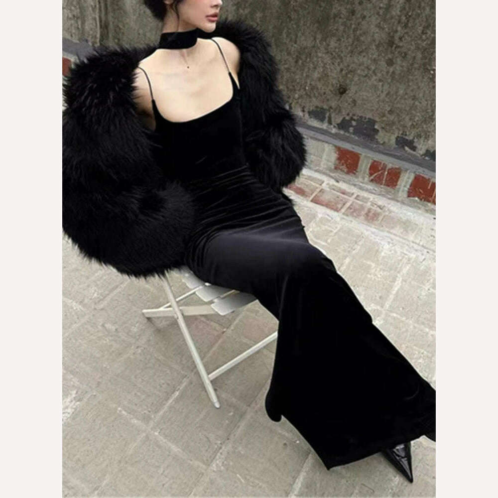 KIMLUD, Summer Women Elegant Slim Long Black Dress Spaghetti Strap Velvet Bodycon Vintage Party Prom Mujers Fashion Female Chic Robe, KIMLUD Womens Clothes