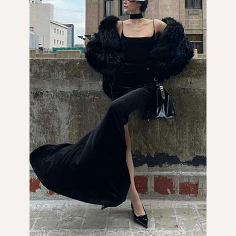 KIMLUD, Summer Women Elegant Slim Long Black Dress Spaghetti Strap Velvet Bodycon Vintage Party Prom Mujers Fashion Female Chic Robe, KIMLUD Womens Clothes