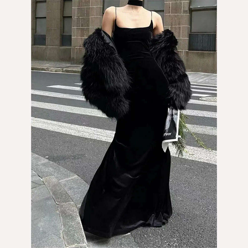 KIMLUD, Summer Women Elegant Slim Long Black Dress Spaghetti Strap Velvet Bodycon Vintage Party Prom Mujers Fashion Female Chic Robe, black(only dress) / S, KIMLUD APPAREL - Womens Clothes