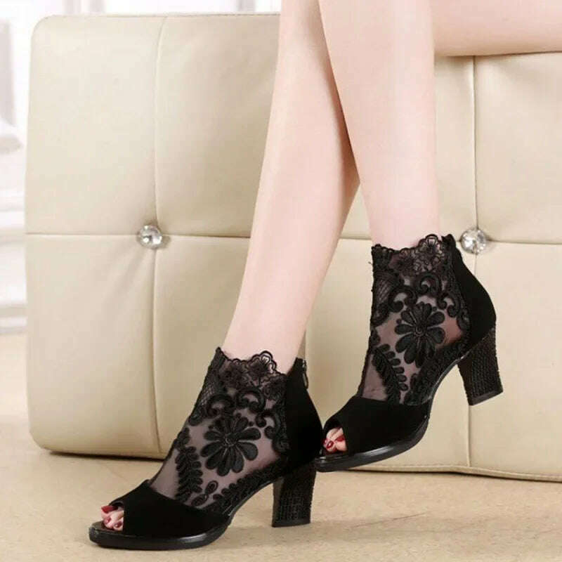 KIMLUD, Summer Women High Heel Shoes Mesh Breathable Pomps Zip Pointed Toe Thick Heels Fashion Female Dress Shoes Elegant Footwear, 4cm black / 42, KIMLUD APPAREL - Womens Clothes