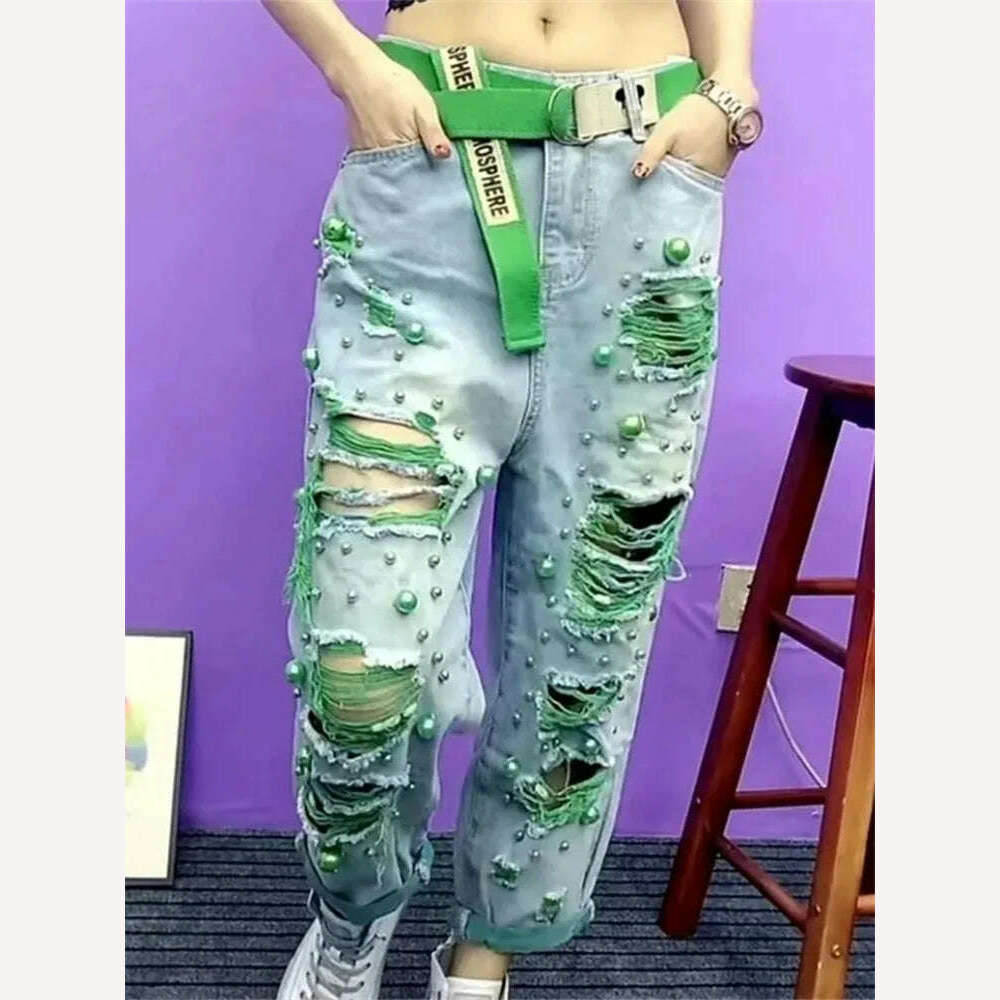 KIMLUD, Summer Women New Fashion Beaded Holes Loose Jeans Ladies High Waist Personality Thin Denim Harem Pants Female Green Ripped Jean, KIMLUD Womens ClothesKIMLUD, Summer Women New Fashion Beaded Holes Loose Jeans Ladies High Waist Personality Thin Denim Harem Pants Female Green Ripped Jean, Green / S, KIMLUD APPAREL - Womens Clothes