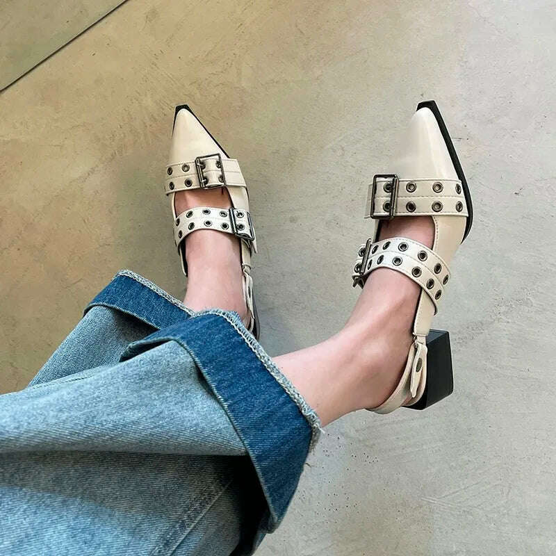 KIMLUD, Summer Women Sandals Retro Punk Style Pointed PU Leather Solid Sandals Casual Female Metal Buckle High Heels Pointed Toe Shoes, KIMLUD Womens Clothes