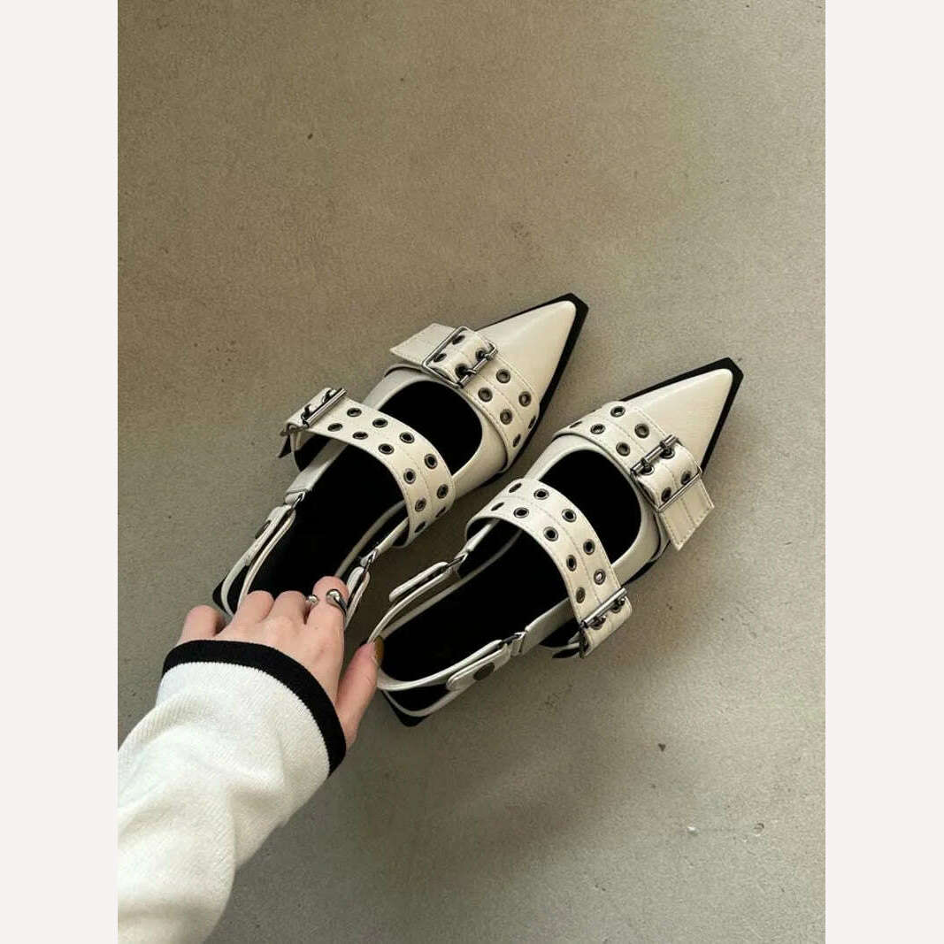 KIMLUD, Summer Women Sandals Retro Punk Style Pointed PU Leather Solid Sandals Casual Female Metal Buckle High Heels Pointed Toe Shoes, KIMLUD Womens Clothes