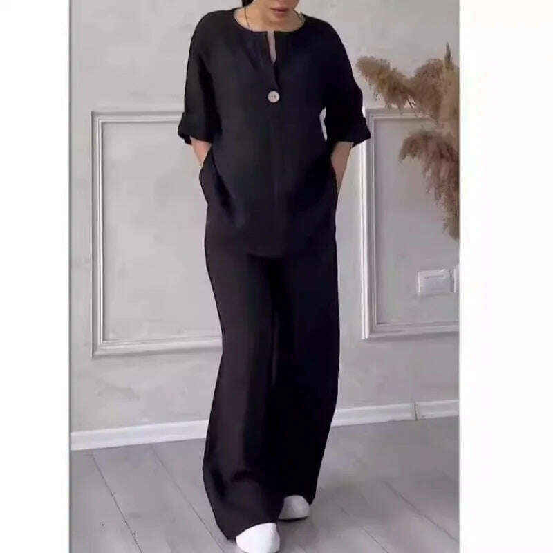 KIMLUD, Summer Women Solid Color Two Piece Set Fashion Casual Loose V-Neck Shirt Top Wide Leg Pants Outfits Communte Holiday Ladies Suit, black / L, KIMLUD APPAREL - Womens Clothes