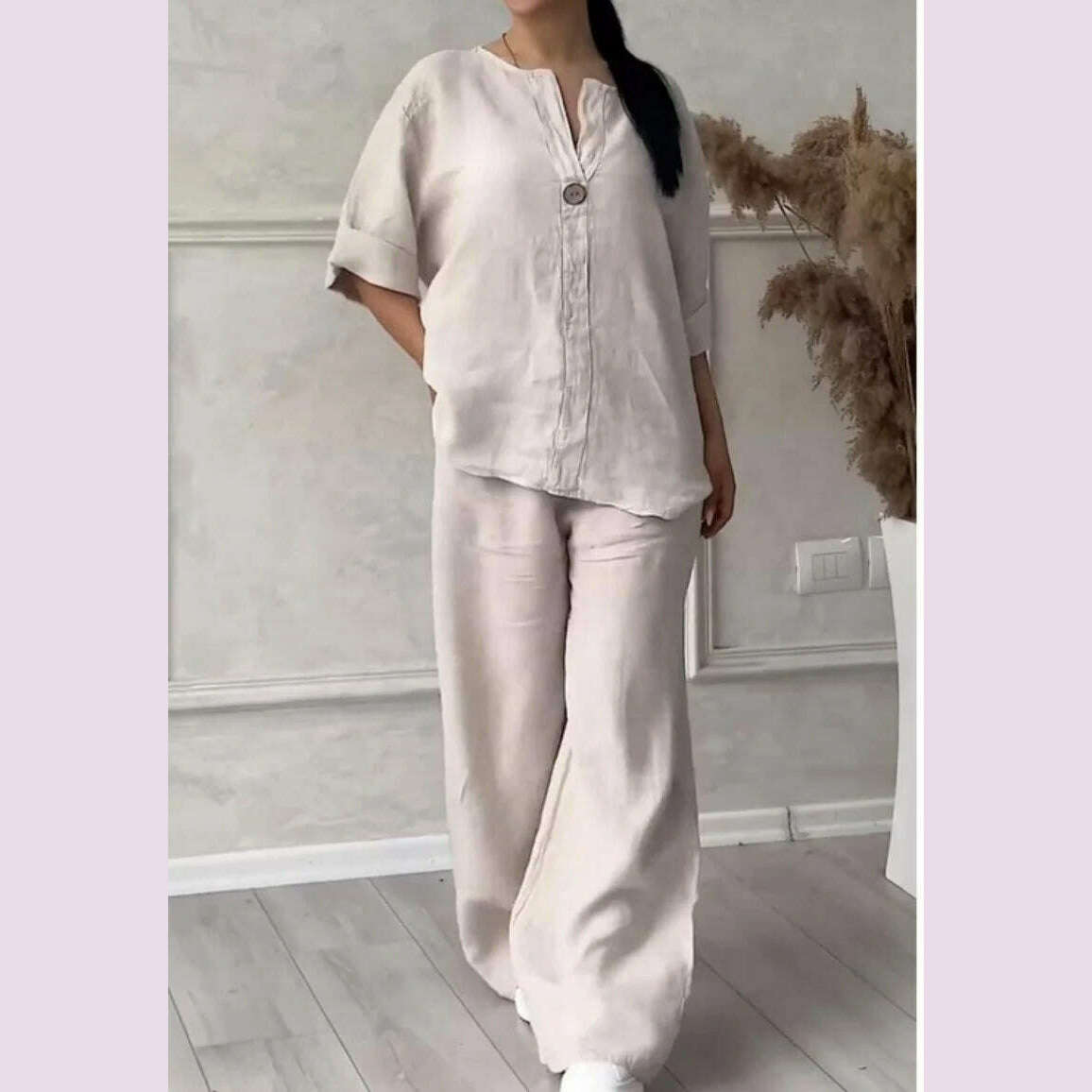 KIMLUD, Summer Women Solid Color Two Piece Set Fashion Casual Loose V-Neck Shirt Top Wide Leg Pants Outfits Communte Holiday Ladies Suit, Beige / XXXL, KIMLUD APPAREL - Womens Clothes