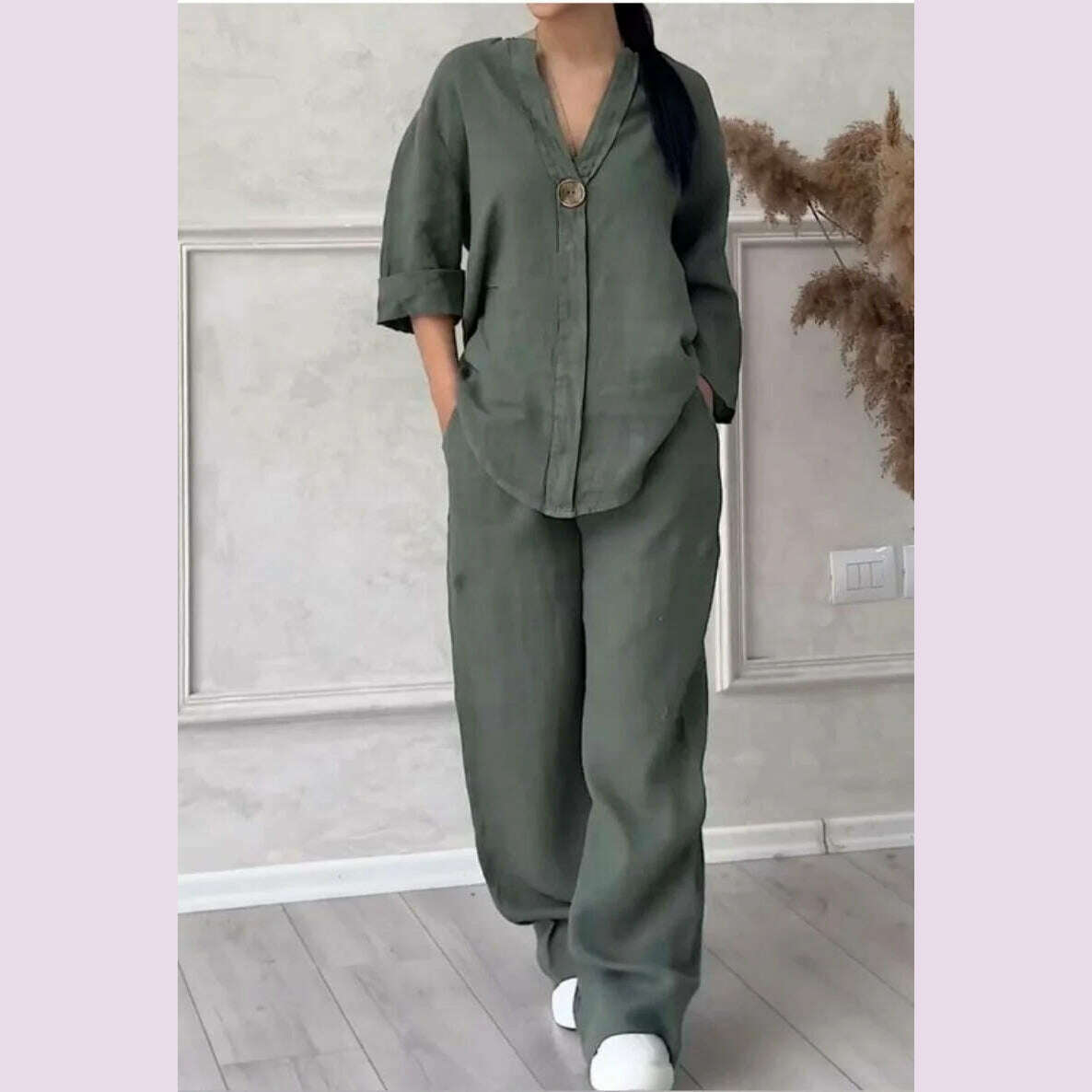 KIMLUD, Summer Women Solid Color Two Piece Set Fashion Casual Loose V-Neck Shirt Top Wide Leg Pants Outfits Communte Holiday Ladies Suit, army green / L, KIMLUD APPAREL - Womens Clothes