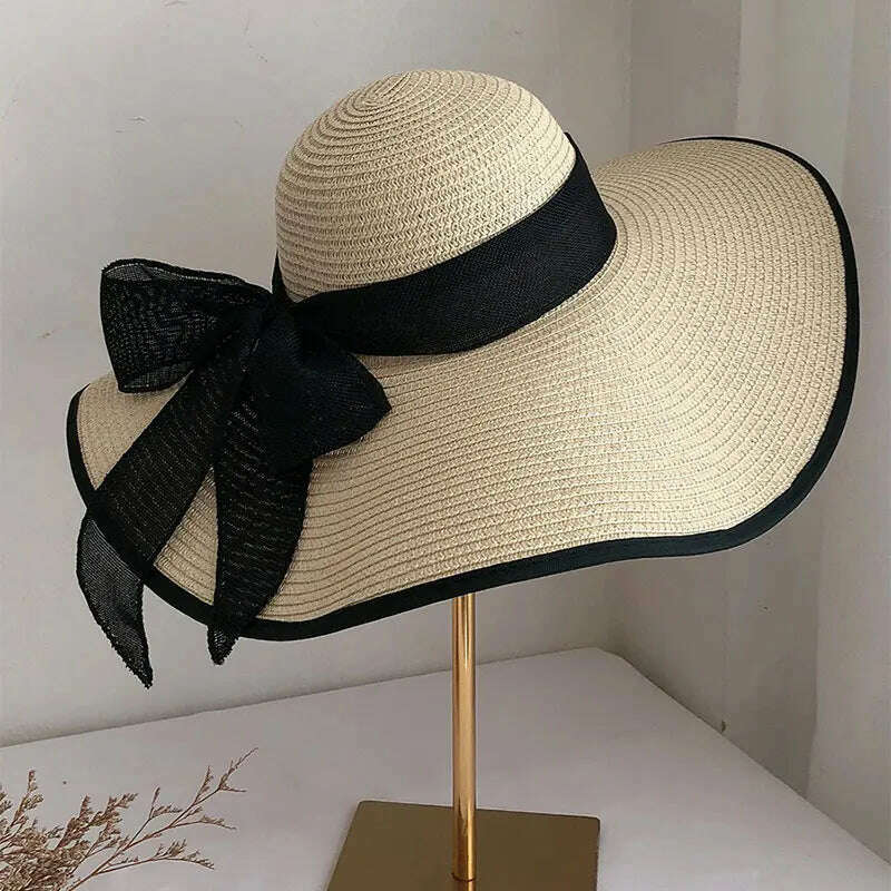 Summer Women Straw Hat Bowknot Wide Brim Floppy Panama Hats Female Lady Outdoor Foldable Beach Sun Cap - KIMLUD