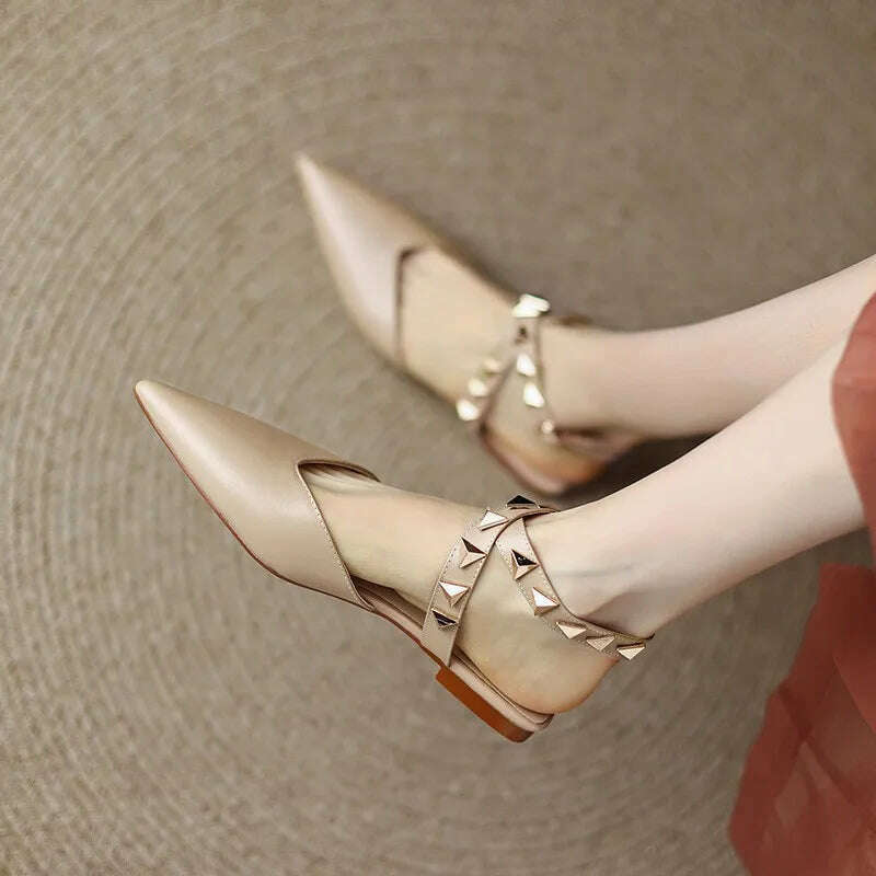 KIMLUD, Summer Women's Slippers Soft Leather Pointed External Wearing Slippers New Versatile Baotou Fashion Flat Bottom Sandals Womens, apricot / 36, KIMLUD APPAREL - Womens Clothes
