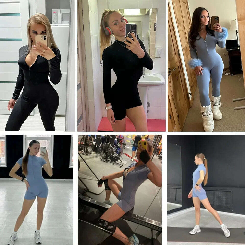 Summer Zipper Workout Jumpsuit Sports Overalls Women Gym Clothing Running Fitness Suits Gym Tracksuit Short Sportswear Yoga Set - KIMLUD