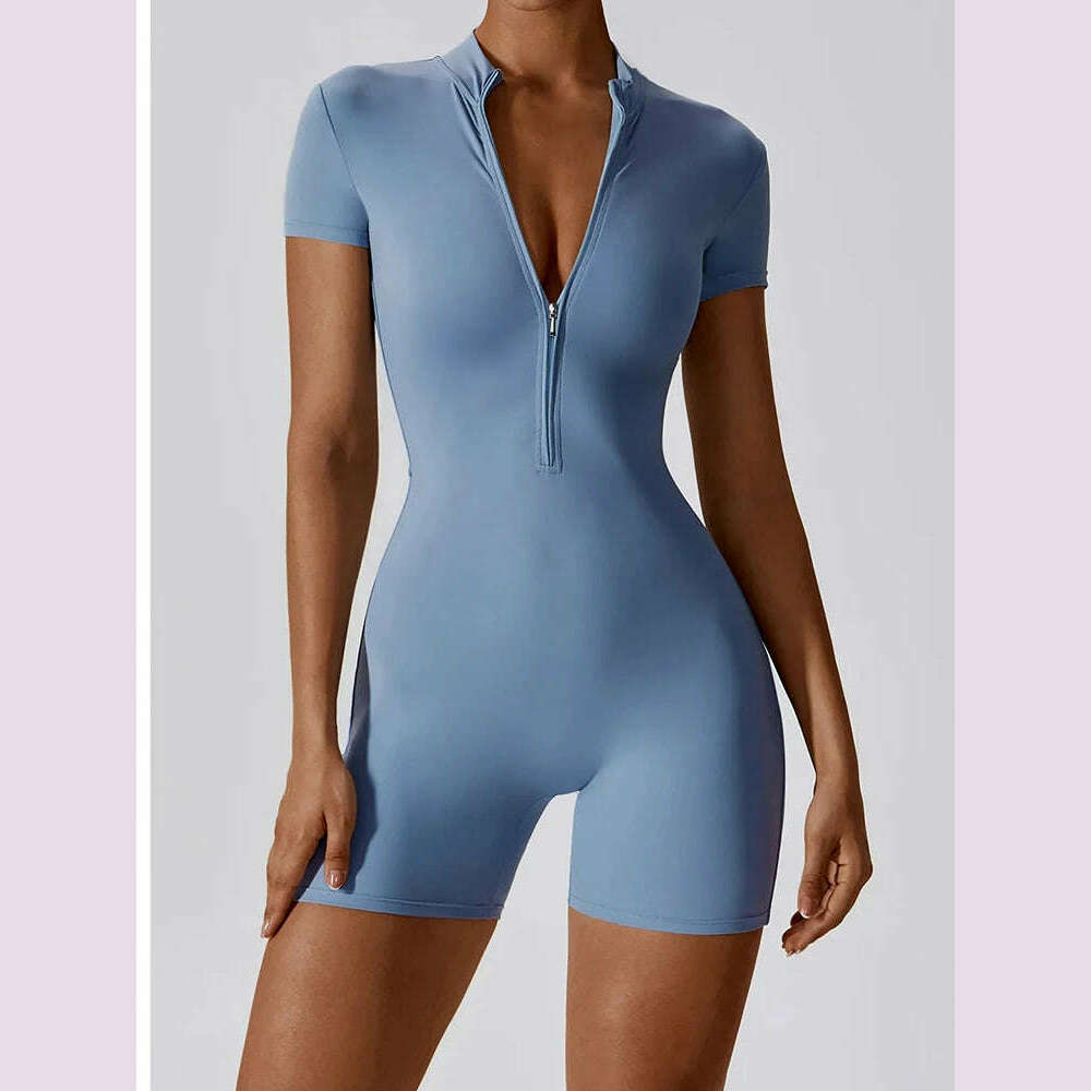 Summer Zipper Workout Jumpsuit Sports Overalls Women Gym Clothing Running Fitness Suits Gym Tracksuit Short Sportswear Yoga Set - KIMLUD