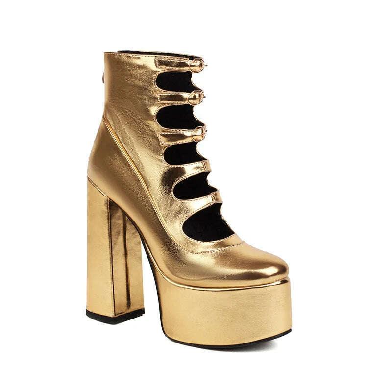 KIMLUD, Super High Waterproof Platform Microfiber Material Roman Style Golden Hollow Sexy Woman's Ankle Boots Back Zipper Plush Lining, KIMLUD Womens Clothes