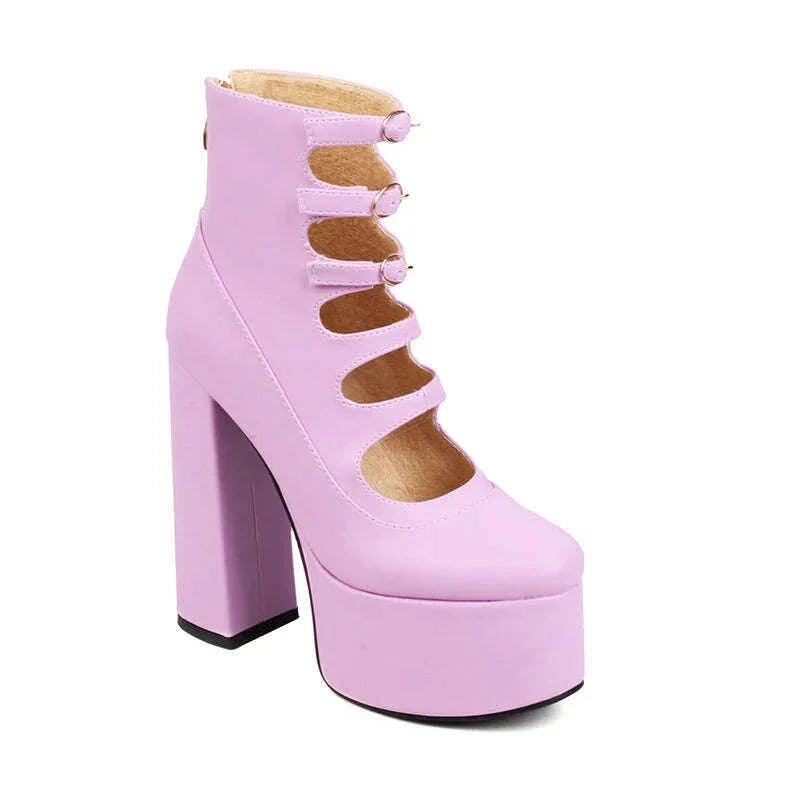 KIMLUD, Super High Waterproof Platform Microfiber Material Roman Style Golden Hollow Sexy Woman's Ankle Boots Back Zipper Plush Lining, KIMLUD Womens Clothes