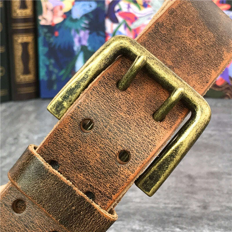 KIMLUD, Super Wide 4.2CM Luxury Thick Genuine Leather Men Belt Double Buckle Belt Ceinture Leather Belt Men Jeans Trouser Belt MBT0018, KIMLUD Womens Clothes