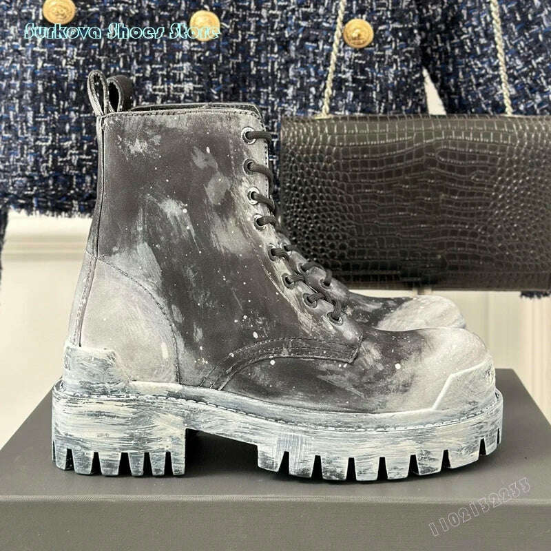 KIMLUD, Surkova Retro Thick Sole Ankle Boots Graffiti Round Toe Motorcycle Boots Women Girls Fashion Cool Vintage Lace Up Modern Boots, WHITE / 39, KIMLUD APPAREL - Womens Clothes