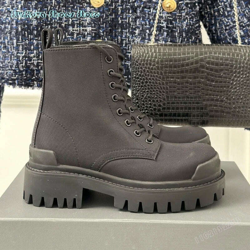 KIMLUD, Surkova Retro Thick Sole Ankle Boots Graffiti Round Toe Motorcycle Boots Women Girls Fashion Cool Vintage Lace Up Modern Boots, black / 41, KIMLUD APPAREL - Womens Clothes