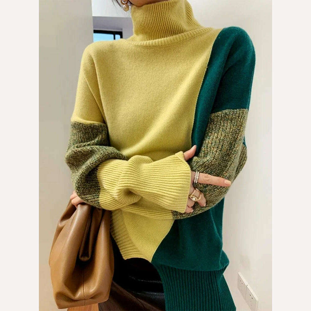 KIMLUD, Sweater New In Autumn Winter Clothes Women Long Sleeve Top Turtleneck Korean Fashion Patchwork Elegance Loose Casual Sweaters, green / S, KIMLUD Women's Clothes