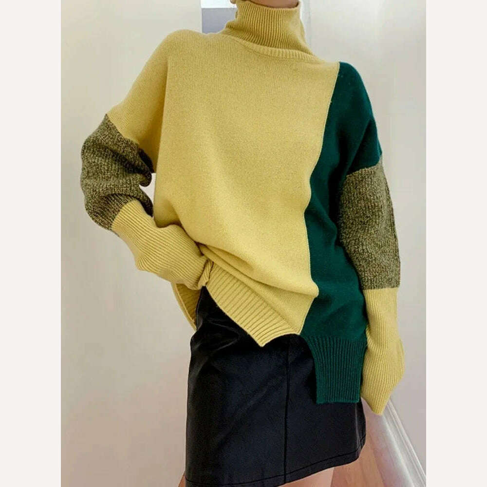 KIMLUD, Sweater New In Autumn Winter Clothes Women Long Sleeve Top Turtleneck Korean Fashion Patchwork Elegance Loose Casual Sweaters, KIMLUD Womens Clothes
