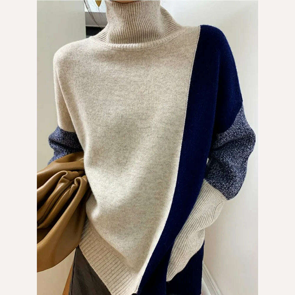 KIMLUD, Sweater New In Autumn Winter Clothes Women Long Sleeve Top Turtleneck Korean Fashion Patchwork Elegance Loose Casual Sweaters, Blue / S, KIMLUD APPAREL - Womens Clothes
