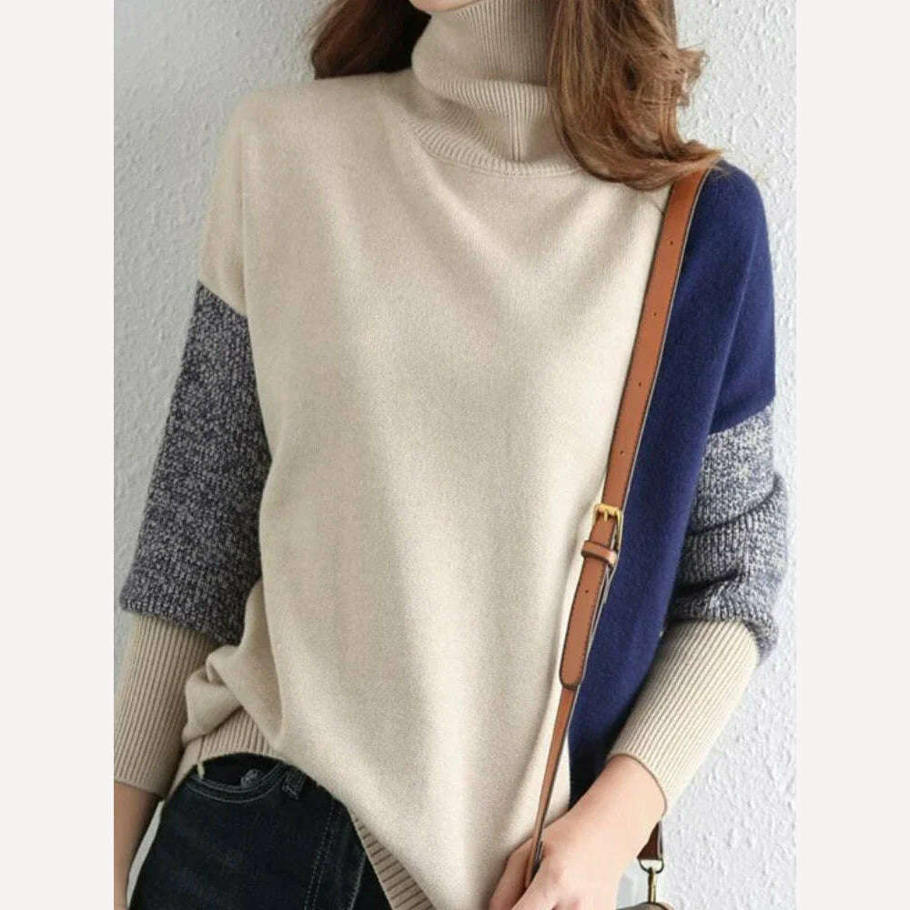 KIMLUD, Sweater New In Autumn Winter Clothes Women Long Sleeve Top Turtleneck Korean Fashion Patchwork Elegance Loose Casual Sweaters, KIMLUD Womens Clothes
