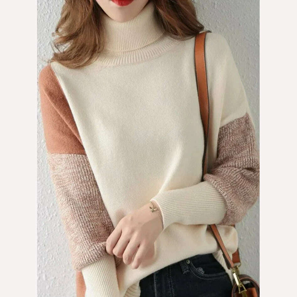 KIMLUD, Sweater New In Autumn Winter Clothes Women Long Sleeve Top Turtleneck Korean Fashion Patchwork Elegance Loose Casual Sweaters, Orange / S, KIMLUD APPAREL - Womens Clothes