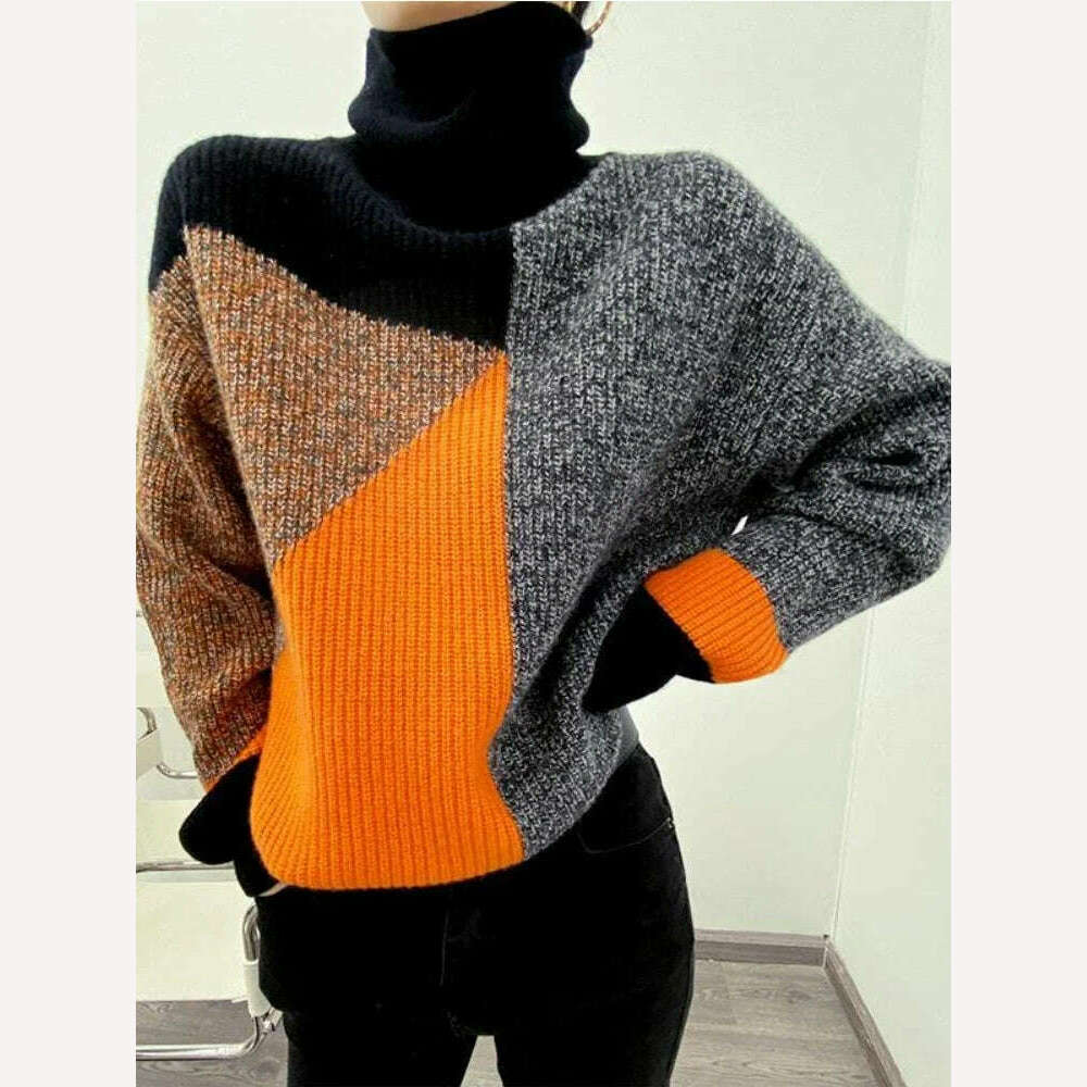 KIMLUD, Sweater New In Autumn Winter Clothes Women Long Sleeve Top Turtleneck Korean Fashion Patchwork Elegance Loose Casual Sweaters, Orange 01 / S, KIMLUD APPAREL - Womens Clothes