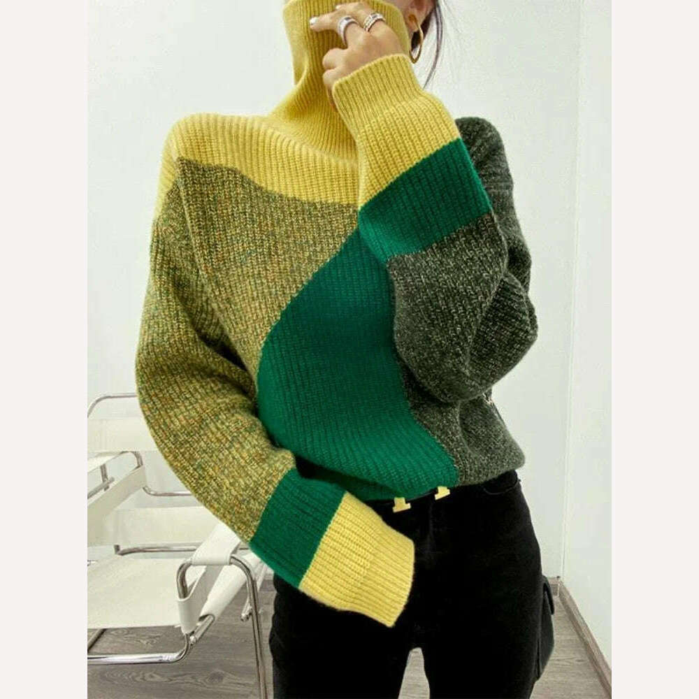 KIMLUD, Sweater New In Autumn Winter Clothes Women Long Sleeve Top Turtleneck Korean Fashion Patchwork Elegance Loose Casual Sweaters, KIMLUD Womens Clothes