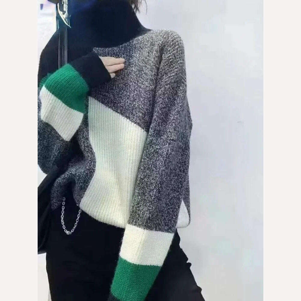 KIMLUD, Sweater New In Autumn Winter Clothes Women Long Sleeve Top Turtleneck Korean Fashion Patchwork Elegance Loose Casual Sweaters, Green 02 / S, KIMLUD APPAREL - Womens Clothes