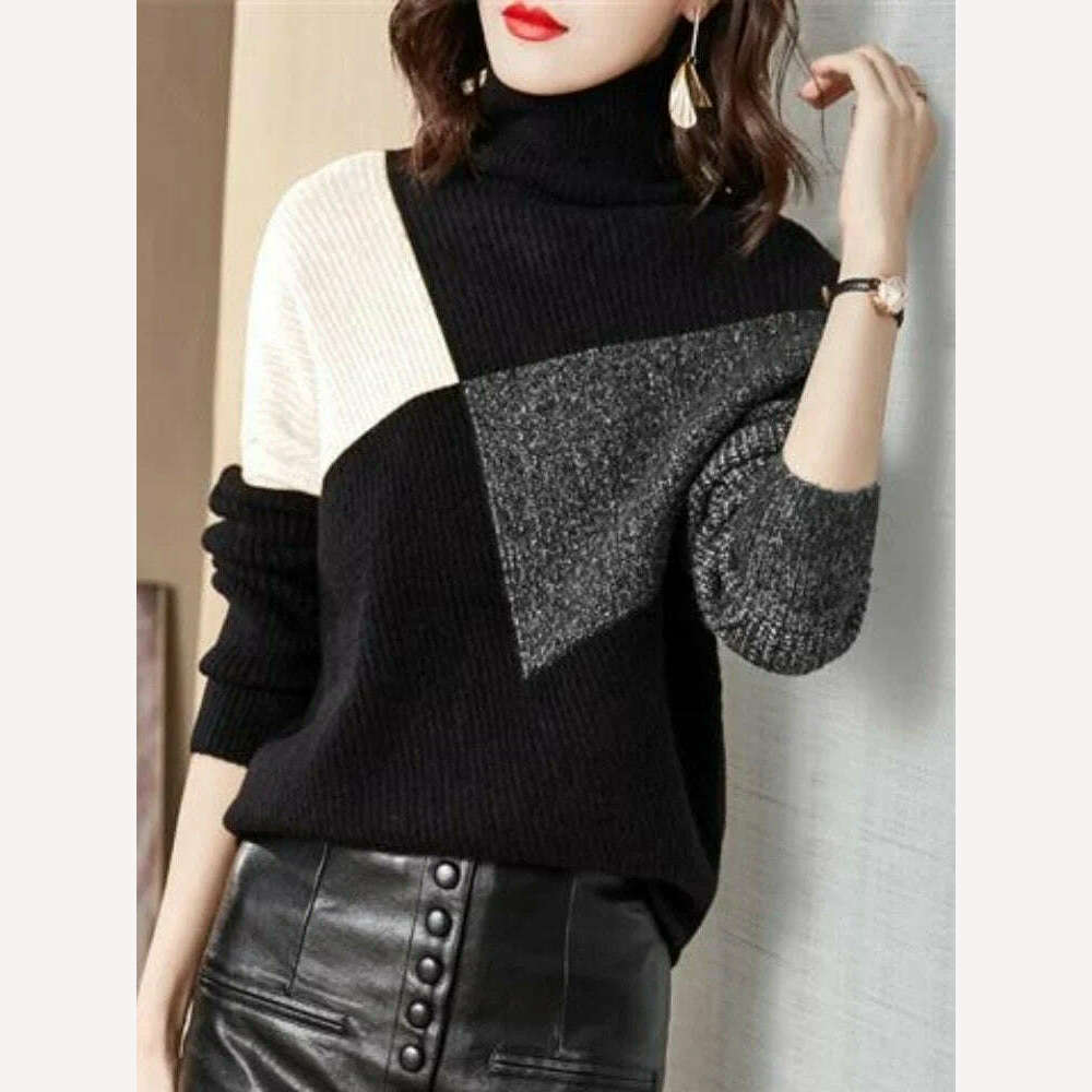 KIMLUD, Sweater New In Autumn Winter Clothes Women Long Sleeve Top Turtleneck Korean Fashion Patchwork Elegance Loose Casual Sweaters, white / S, KIMLUD APPAREL - Womens Clothes