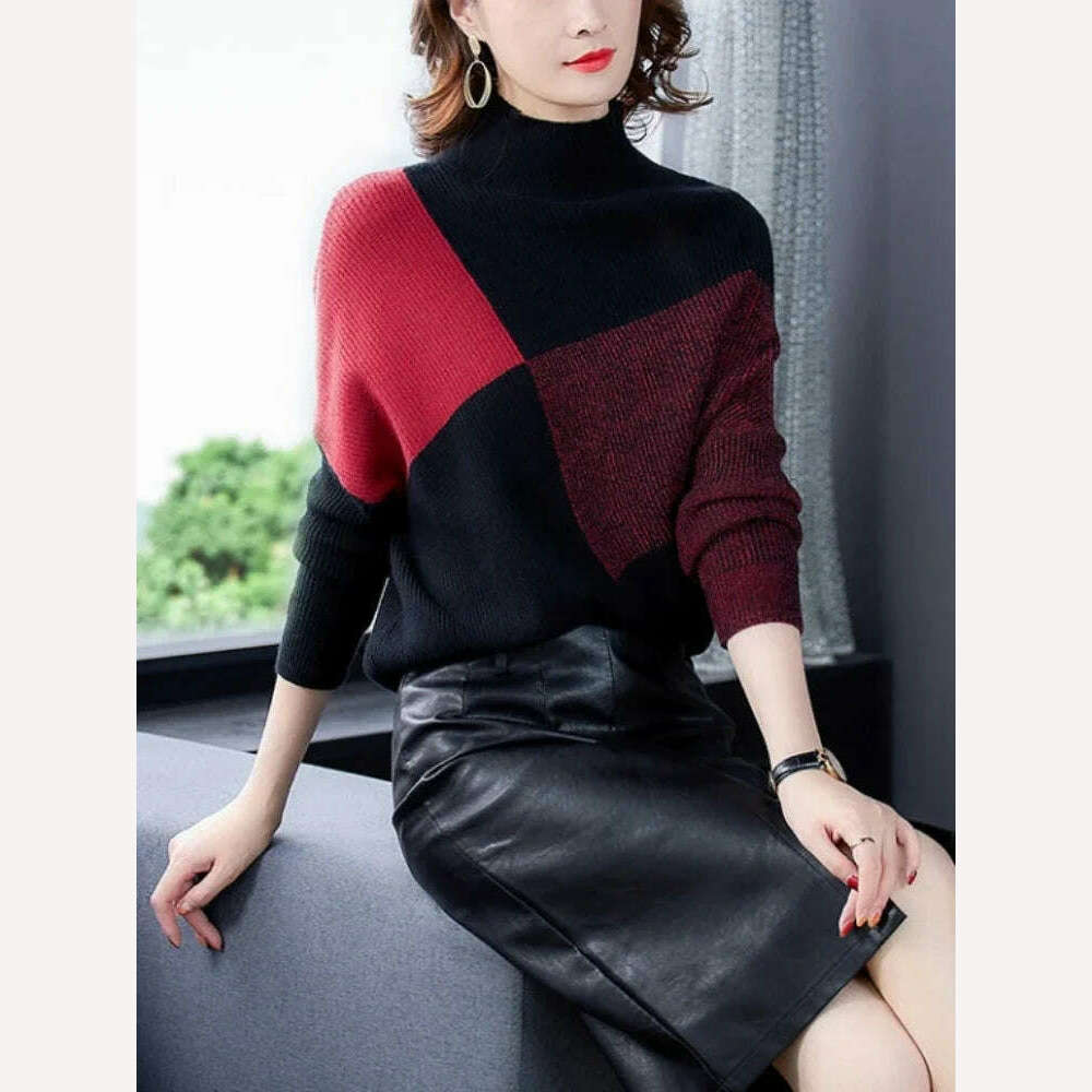 KIMLUD, Sweater New In Autumn Winter Clothes Women Long Sleeve Top Turtleneck Korean Fashion Patchwork Elegance Loose Casual Sweaters, red / S, KIMLUD APPAREL - Womens Clothes