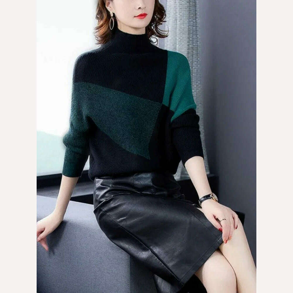 KIMLUD, Sweater New In Autumn Winter Clothes Women Long Sleeve Top Turtleneck Korean Fashion Patchwork Elegance Loose Casual Sweaters, Green 03 / S, KIMLUD APPAREL - Womens Clothes