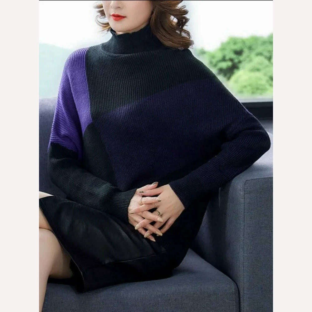 KIMLUD, Sweater New In Autumn Winter Clothes Women Long Sleeve Top Turtleneck Korean Fashion Patchwork Elegance Loose Casual Sweaters, purple / S, KIMLUD APPAREL - Womens Clothes