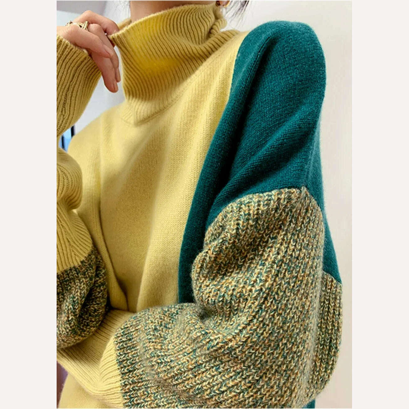 KIMLUD, Sweater New In Autumn Winter Clothes Women Long Sleeve Top Turtleneck Korean Fashion Patchwork Elegance Loose Casual Sweaters, KIMLUD Womens Clothes