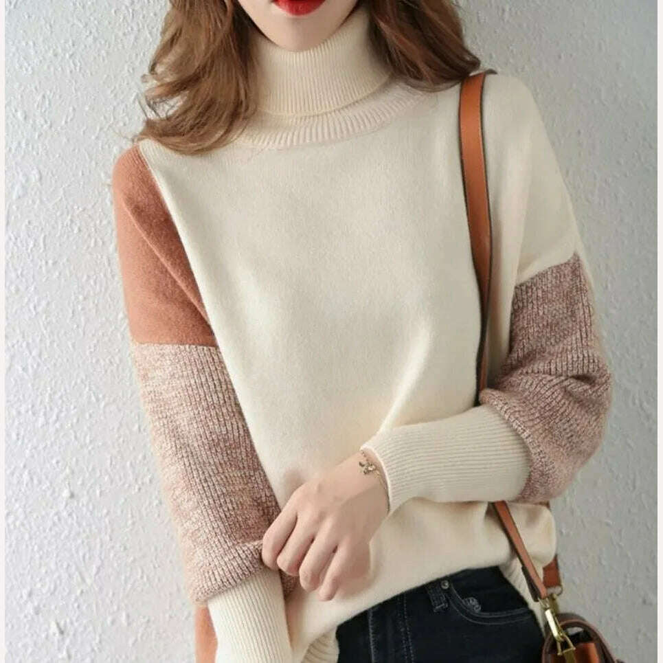 KIMLUD, Sweater New In Autumn Winter Clothes Women Long Sleeve Top Turtleneck Korean Fashion Patchwork Elegance Loose Casual Sweaters, KIMLUD Womens Clothes