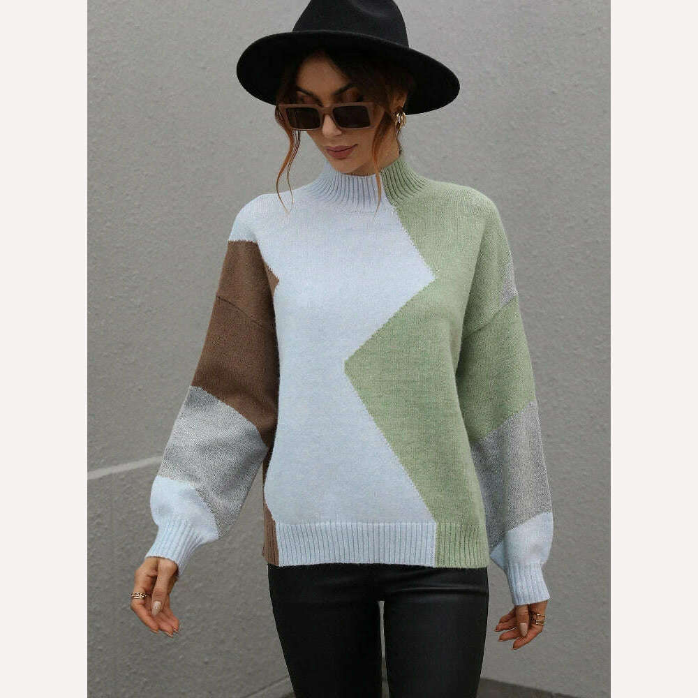 KIMLUD, Sweater Women Fashion Tops 2022 Women Autumn Winter New Loose Color Matching Round Neck Sweater Long Sleeve Pullover Korean, Green / S, KIMLUD APPAREL - Womens Clothes