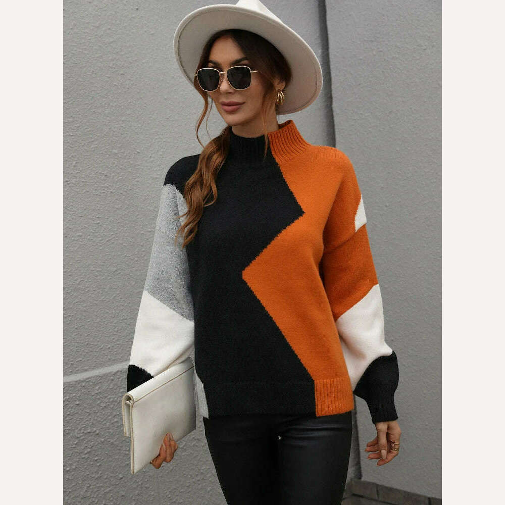 KIMLUD, Sweater Women Fashion Tops 2022 Women Autumn Winter New Loose Color Matching Round Neck Sweater Long Sleeve Pullover Korean, Orange / S, KIMLUD APPAREL - Womens Clothes