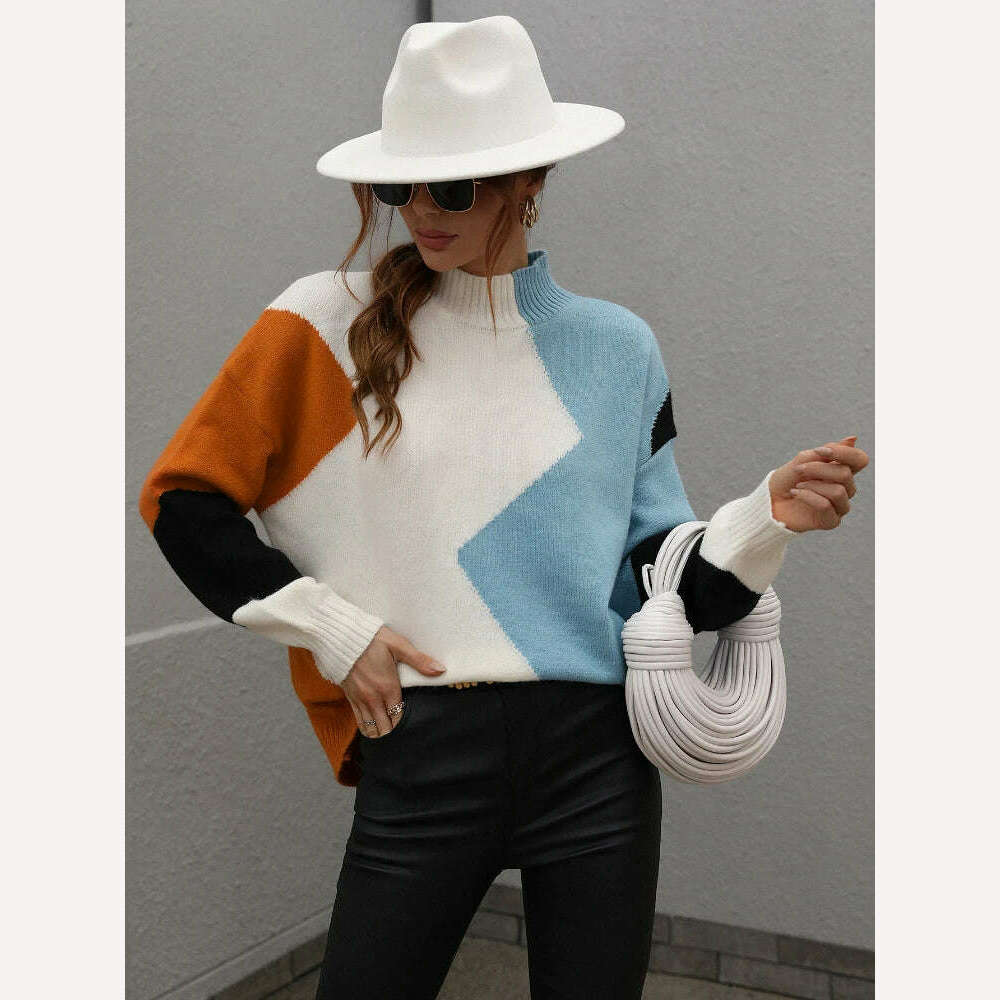 KIMLUD, Sweater Women Fashion Tops 2022 Women Autumn Winter New Loose Color Matching Round Neck Sweater Long Sleeve Pullover Korean, Blue / S, KIMLUD APPAREL - Womens Clothes