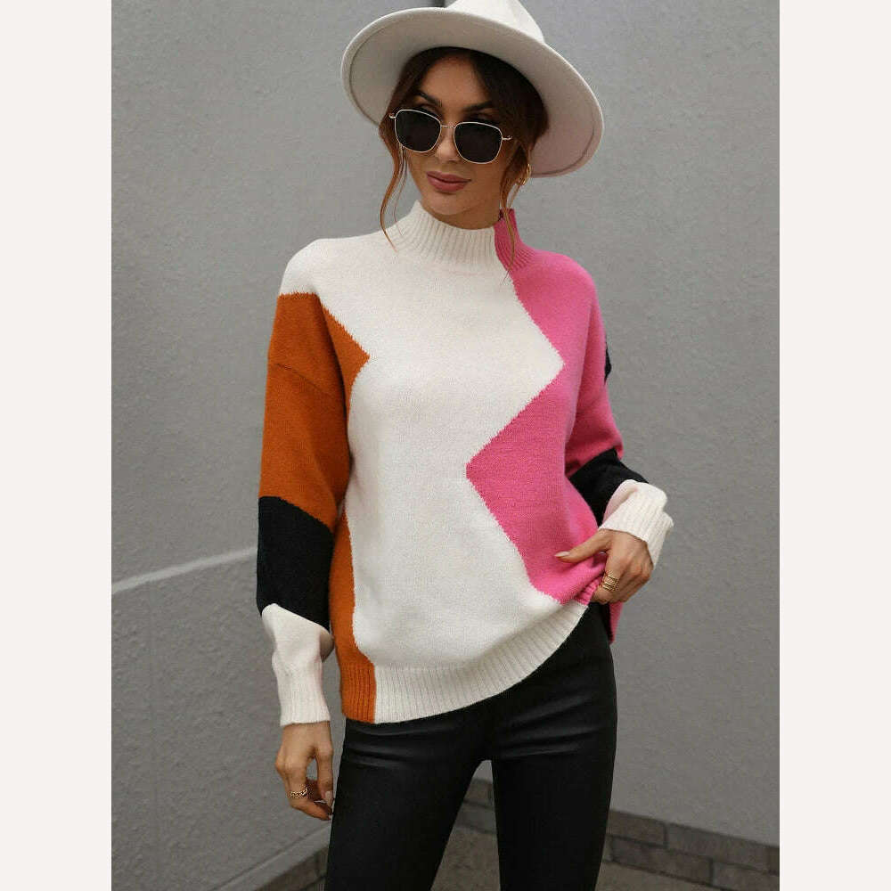 KIMLUD, Sweater Women Fashion Tops 2022 Women Autumn Winter New Loose Color Matching Round Neck Sweater Long Sleeve Pullover Korean, Rose Red / S, KIMLUD APPAREL - Womens Clothes