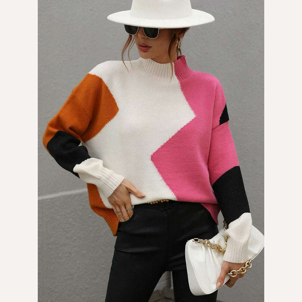 KIMLUD, Sweater Women Fashion Tops 2022 Women Autumn Winter New Loose Color Matching Round Neck Sweater Long Sleeve Pullover Korean, KIMLUD Womens Clothes