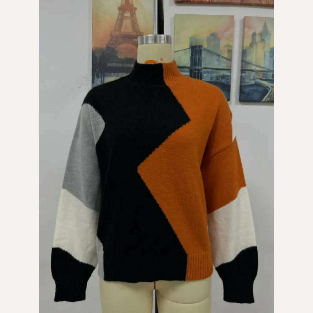 KIMLUD, Sweater Women Fashion Tops 2022 Women Autumn Winter New Loose Color Matching Round Neck Sweater Long Sleeve Pullover Korean, KIMLUD Womens Clothes