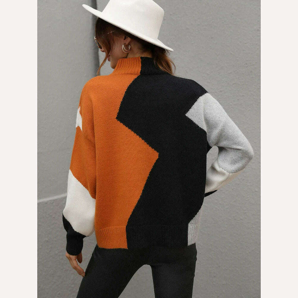 KIMLUD, Sweater Women Fashion Tops 2022 Women Autumn Winter New Loose Color Matching Round Neck Sweater Long Sleeve Pullover Korean, KIMLUD Womens Clothes