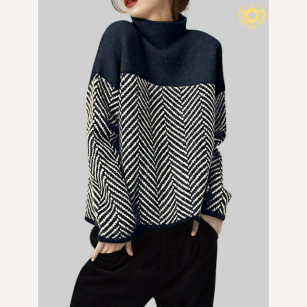 KIMLUD, Sweater Women Korean Fashion Retro Matching Semi-turtleneck Knitted Pullover 2023 Autumn Winter New Loose Sweater Office Lady, KIMLUD Womens ClothesKIMLUD, Sweater Women Korean Fashion Retro Matching Semi-turtleneck Knitted Pullover 2023 Autumn Winter New Loose Sweater Office Lady, Navy / S, KIMLUD APPAREL - Womens Clothes