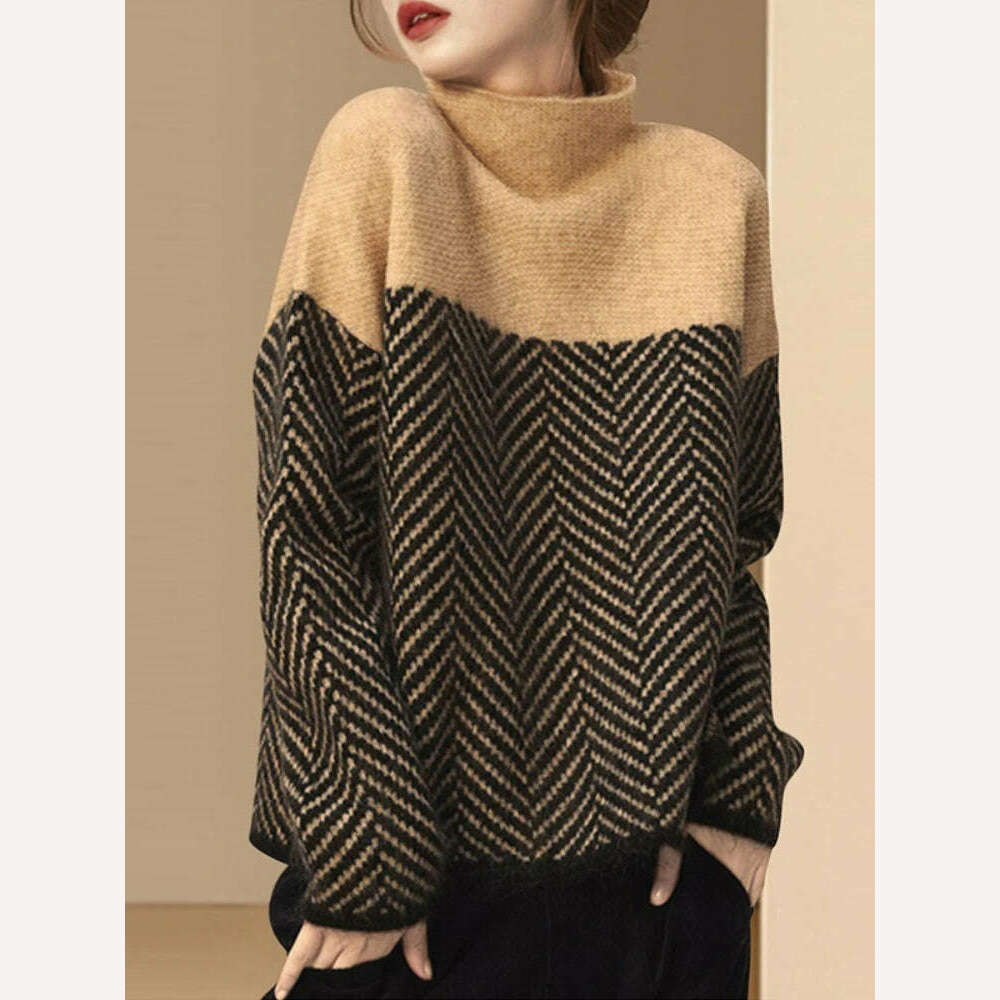 KIMLUD, Sweater Women Korean Fashion Retro Matching Semi-turtleneck Knitted Pullover 2023 Autumn Winter New Loose Sweater Office Lady, KIMLUD Womens ClothesKIMLUD, Sweater Women Korean Fashion Retro Matching Semi-turtleneck Knitted Pullover 2023 Autumn Winter New Loose Sweater Office Lady, Khaki / S, KIMLUD APPAREL - Womens Clothes