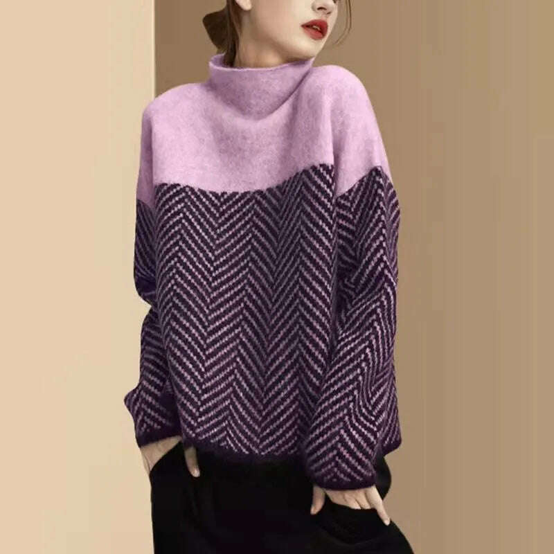 KIMLUD, Sweater Women Korean Fashion Retro Matching Semi-turtleneck Knitted Pullover 2023 Autumn Winter New Loose Sweater Office Lady, KIMLUD Womens Clothes