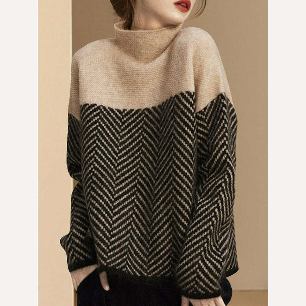 KIMLUD, Sweater Women Korean Fashion Retro Matching Semi-turtleneck Knitted Pullover 2023 Autumn Winter New Loose Sweater Office Lady, KIMLUD Womens Clothes