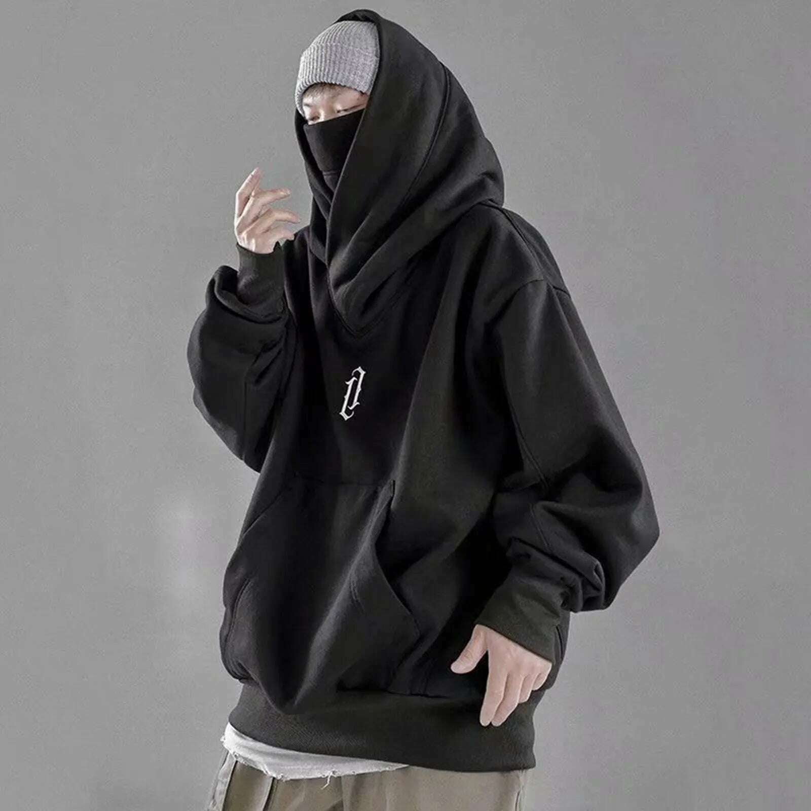 Sweatshirt For Men Male Ninja Style Japanese Hoodie Autumn Winter Solid Turtleneck Long Sleeve Hoodie Pocket Punk Oversize Tops - KIMLUD