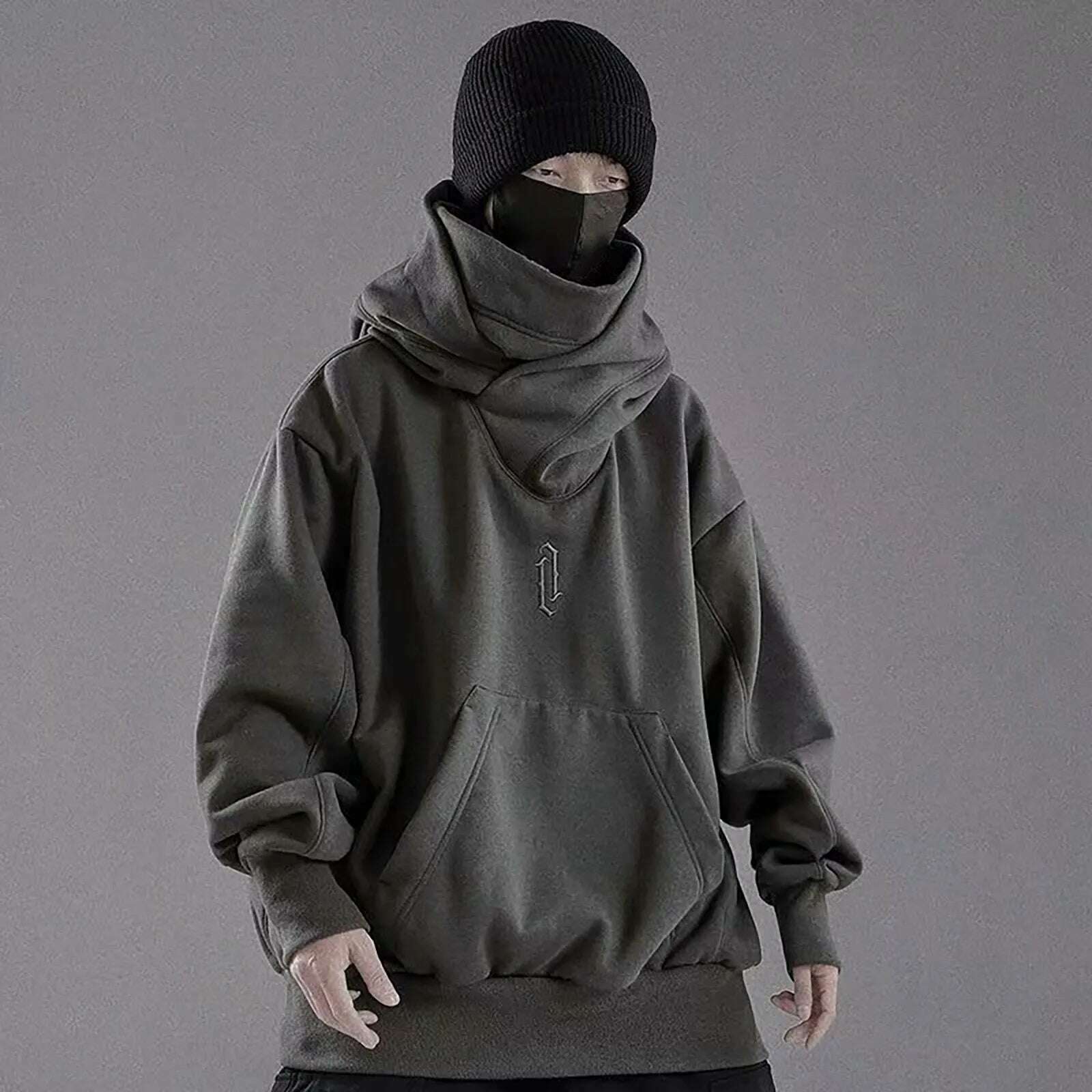 Sweatshirt For Men Male Ninja Style Japanese Hoodie Autumn Winter Solid Turtleneck Long Sleeve Hoodie Pocket Punk Oversize Tops - KIMLUD