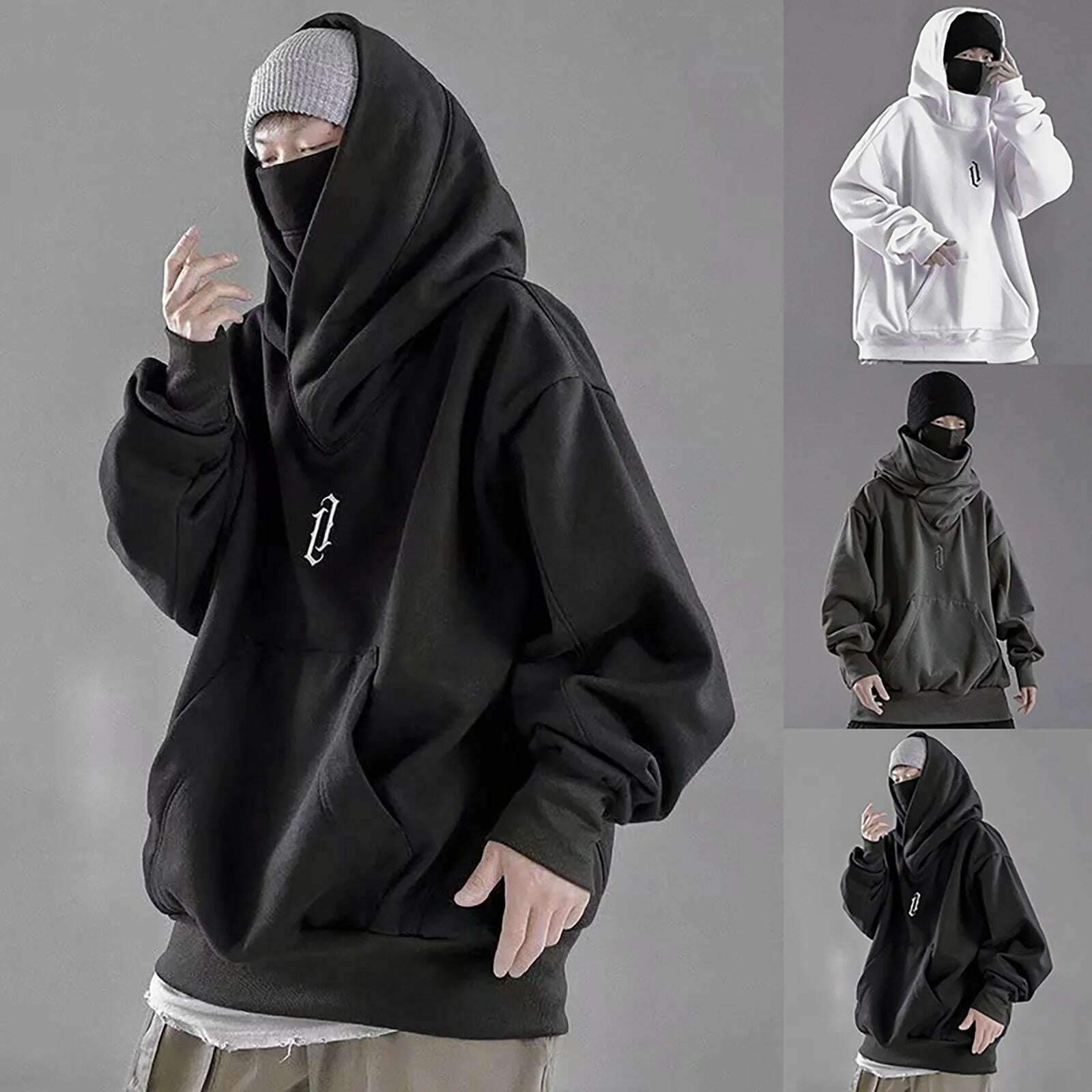 Sweatshirt For Men Male Ninja Style Japanese Hoodie Autumn Winter Solid Turtleneck Long Sleeve Hoodie Pocket Punk Oversize Tops - KIMLUD