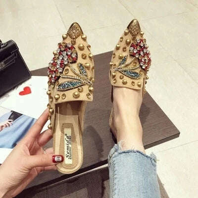 KIMLUD, SWYIVY Woman Flats Loafers Shoes Rhinestone Crystal Loafers Ladies Casual Shoes For Women Pointed-Toe Flats Spring and Autumn, khaki chrry slipper / 35, KIMLUD Womens Clothes