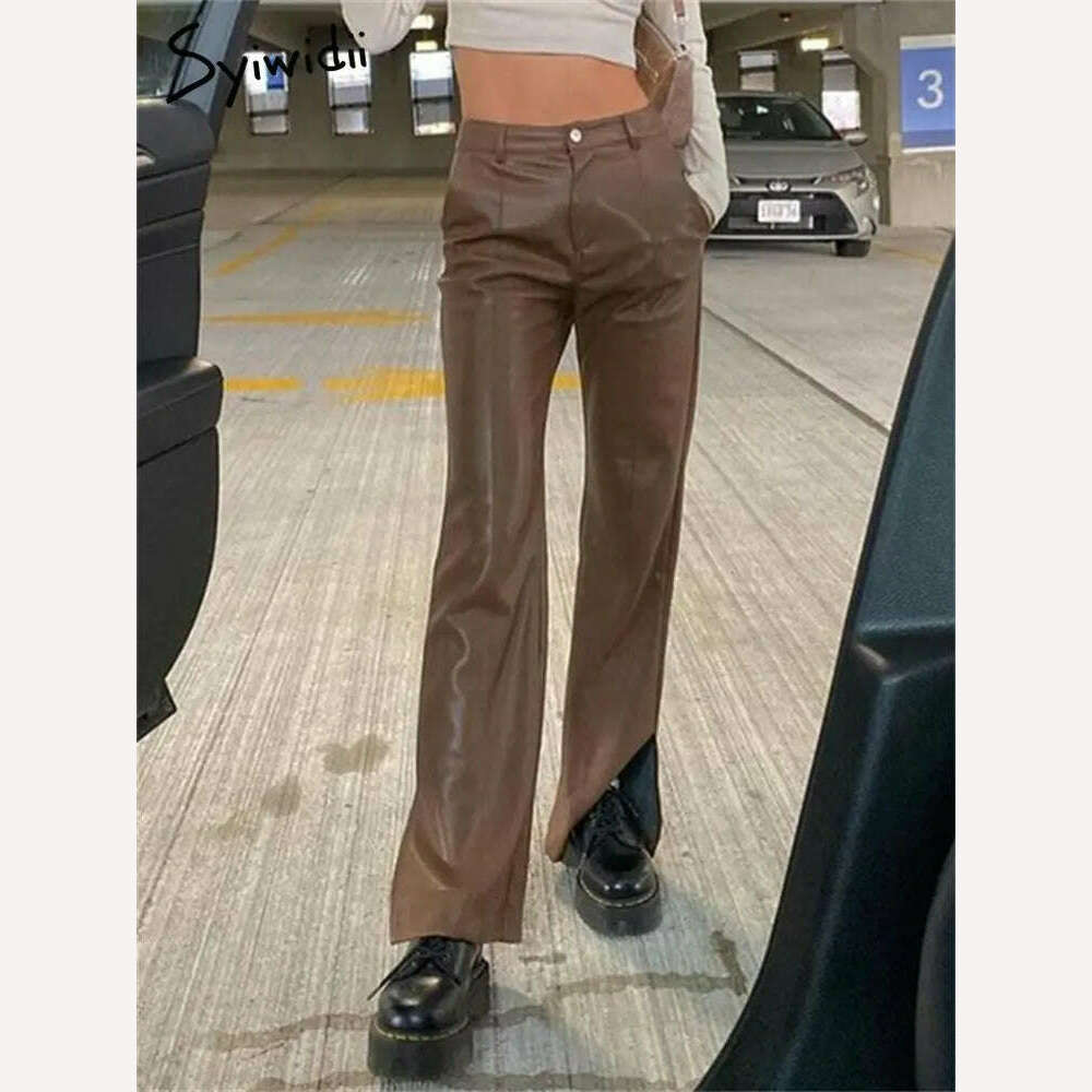 Syiwidii Leather Flare Pants Women Fall Winter 2022 High Waisted Vintage Streetwear Black Brown Wide Leg Pants Fashion Trousers - KIMLUD